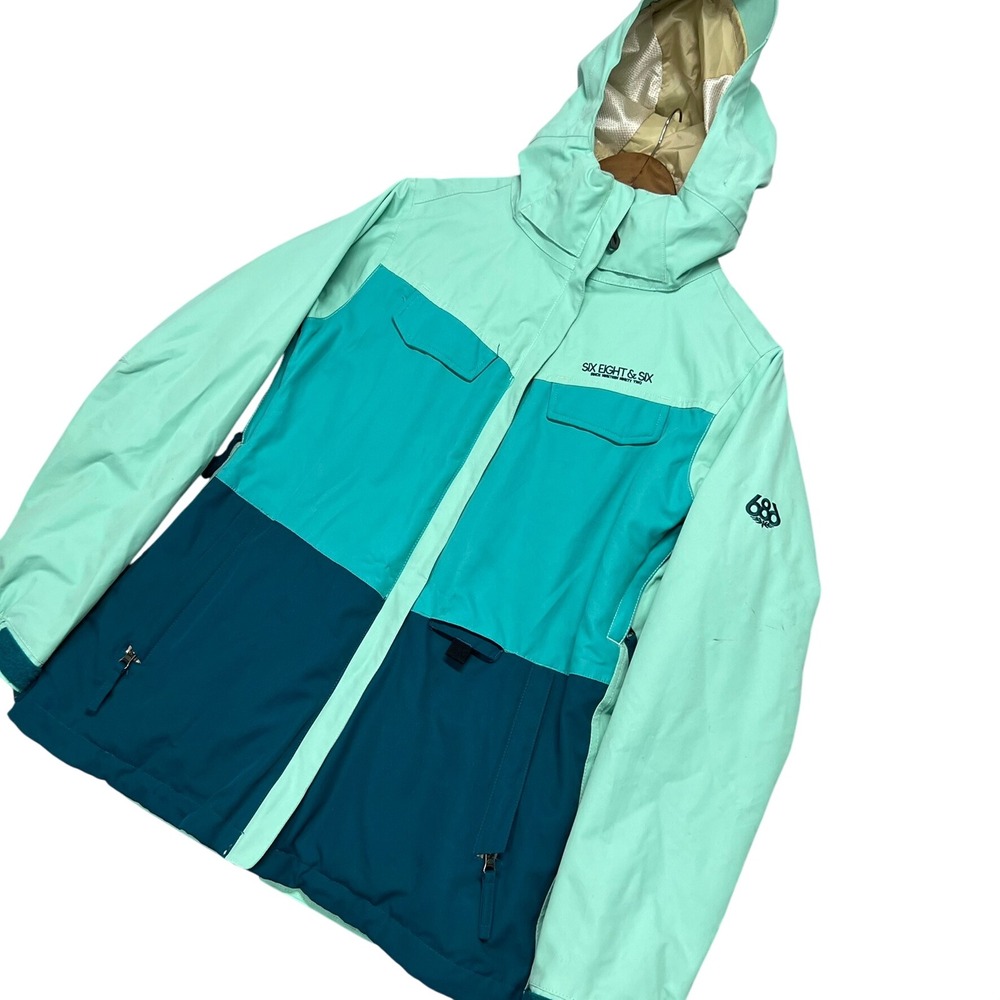 686 Six Eight Six Womens Snowboard Jacket Teal Mint Green Colorblock Hooded S